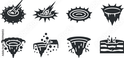 Bold black and white vector icons depicting various explosion and impact effects, ideal for graphic design and branding projects