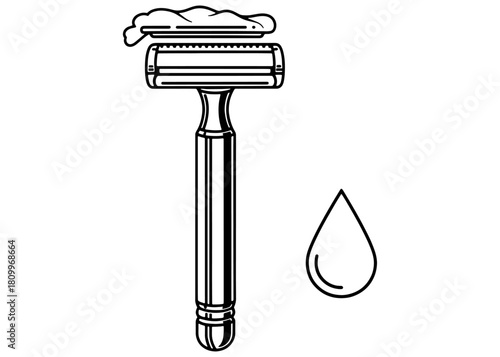 Reusable metal safety razor with shaving cream and water drop icon. Zero waste eco-friendly grooming tool. Black and white line art vector illustration.