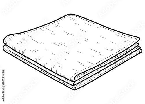 Folded reusable cloth napkin or handkerchief. Zero waste cotton textile for dining or cleaning. Black and white line art vector illustration.