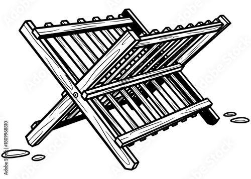 Collapsible wooden dish drying rack. Eco-friendly bamboo drainer for kitchen organization. Black and white line art vector illustration.