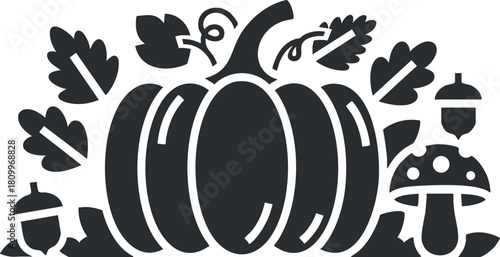 Stylized black silhouette vector illustration of a pumpkin surrounded by leaves, acorns, and mushrooms for autumn-themed design and decor