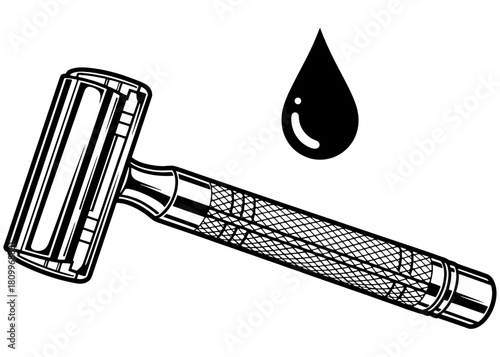  Reusable metal safety razor with water drop. Zero waste eco-friendly shaving tool. Black and white line art vector illustration for hygiene.