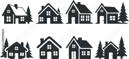 Collection of minimalist black silhouette vector illustrations of various house designs with trees for home-related projects