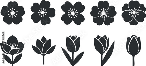 Silhouette vector icon set featuring various floral designs, perfect for nature-themed branding and decorative projects