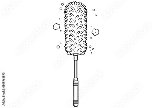 Fluffy feather duster for household cleaning. Dusting tool with dust particles. Black and white line art vector illustration for hygiene and chores.