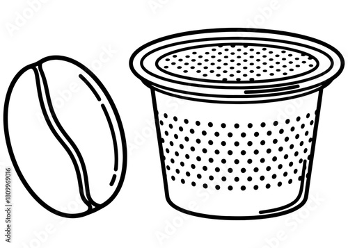  Reusable coffee capsule with a roasted coffee bean. Eco-friendly refillable filter pod. Black and white line art vector illustration for brewing concept.
