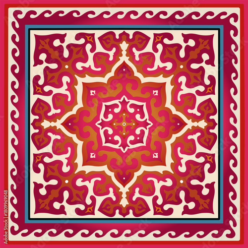 Gradient Central Asian nomadic ornament with vibrant magenta, orange and red tones for modern art and festival fashion