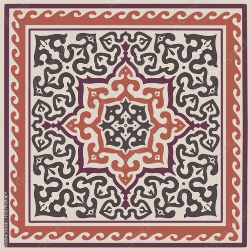 Traditional Central Asian nomadic felt carpet ornament with zoomorphic motifs in earthy palette for ethnic interior design and textiles