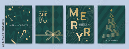 Set of four green and gold Christmas and holiday greeting card templates with candy cane, ribbon gift layout, and linear Christmas tree on striped backgrounds. Holiday season concept