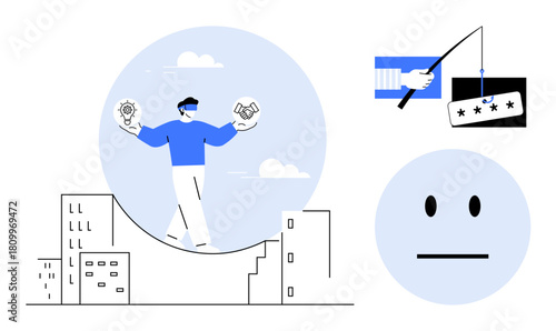 Man walking on a curved path above a cityscape holding a bulb and handshake, a star-rating fishing hook, and a neutral emoticon. Ideal for innovation, partnerships, teamwork, evaluation