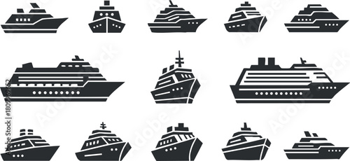 Collection of minimalist black and white vector illustrations of various cruise ships and boats for travel and nautical designs