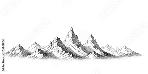 Vintage hand drawn detailed mountain range illustration with rugged peaks