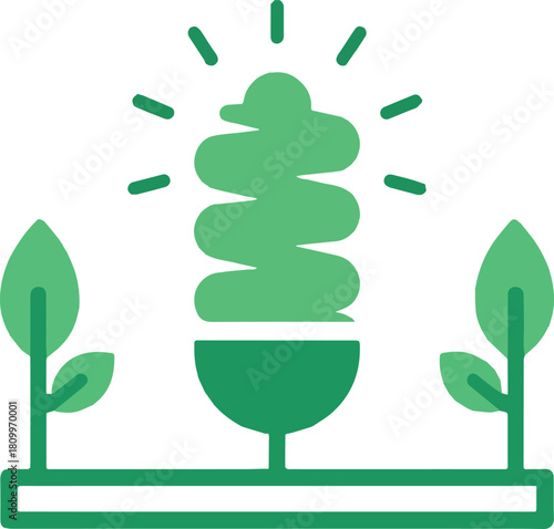 Modern flat illustration of lightbulb combined with leaf and plant representing eco innovation, sustainable energy and green technology concept.