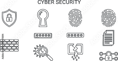 Set of minimalist line icons representing cyber security concepts including locks, keyholes, fingerprints, and protective measures for digital safety