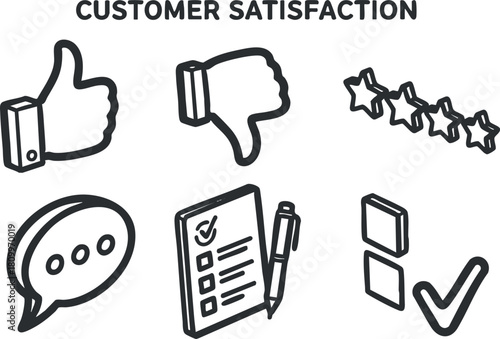 Set of modern vector icons representing customer satisfaction concepts, including feedback, ratings, and evaluation tools.