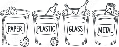 Outline vector illustration of recycling bins labeled for paper, plastic, glass, and metal waste for environmental awareness and education