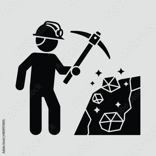 Silhouette gold miner extracts golden ore with pickaxe vector illustration