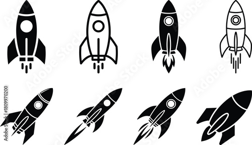 Set of diverse rocket icons for launch, startup, and space concepts