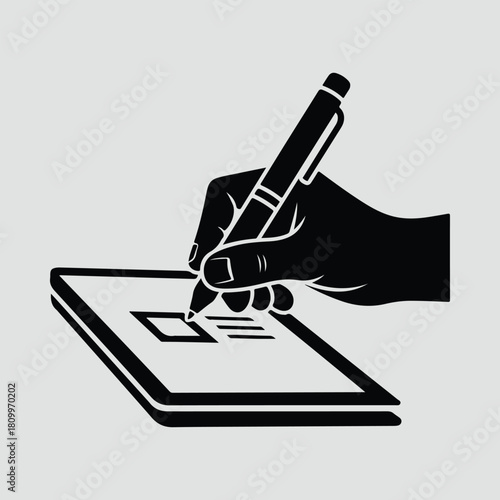Silhouette hand signing document with pen on tablet vector illustration