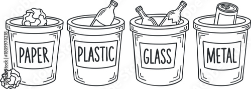 Outline vector illustration of recycling bins labeled for paper, plastic, glass, and metal waste for eco-friendly design projects