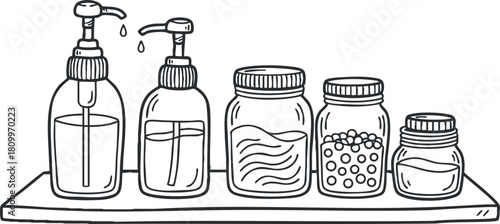 Hand-drawn vector illustration of various bottles and jars on a shelf for kitchen or storage design projects