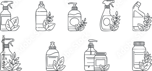Set of minimalist line art vector illustrations featuring various eco-friendly cleaning product bottles and containers with leaves