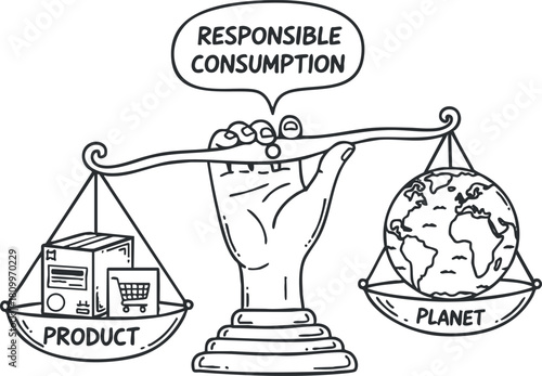 Outline vector illustration of a hand balancing product and planet symbols for responsible consumption concept