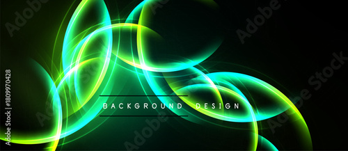 Abstract green light streaks form dynamic curves. Dark background emphasizes glowing lines, creating modern visual effect.