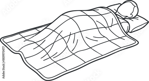 Outline vector illustration of a person sleeping under a blanket, ideal for wellness and lifestyle themes
