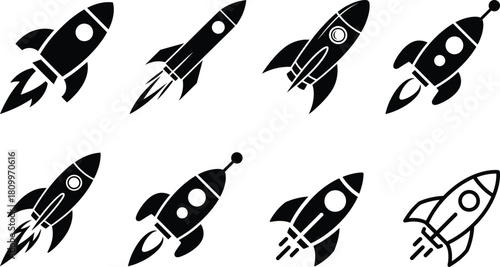 Set of various rocket ship icons illustrating space travel, launch