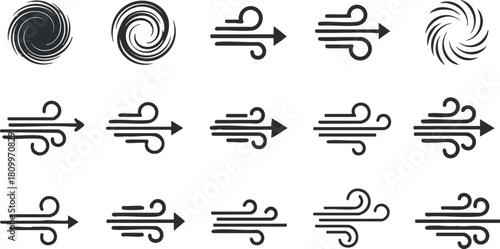 Modern vector icon set depicting various wind and air flow symbols for graphic design and branding projects