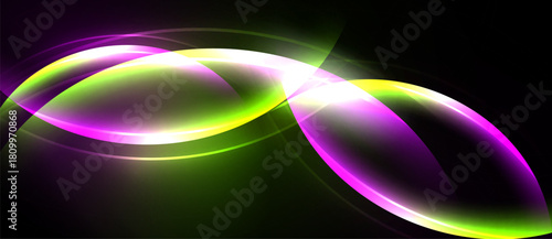Bright abstract shapes overlap, creating luminous curves. Vivid green, purple hues dominate dark background. Modern design element.