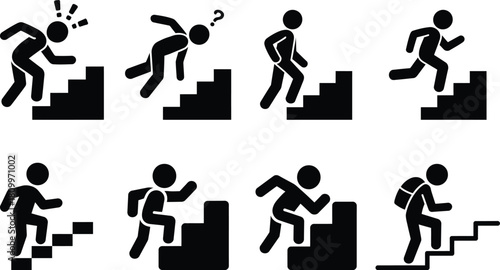 Stick figure icons set depicting various actions on stairs vector