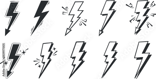 Dynamic collection of lightning bolt vector icons in black and white style, perfect for energy and power branding projects