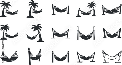 Collection of minimalist black and white vector icons featuring hammocks and palm trees for tropical-themed design projects