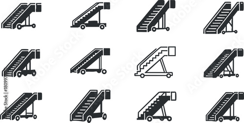 Set of minimalist black and white vector icons depicting various staircase designs for transportation and architectural projects
