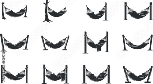 Set of minimalist black and white vector illustrations of hammocks in various relaxing outdoor settings for design projects.