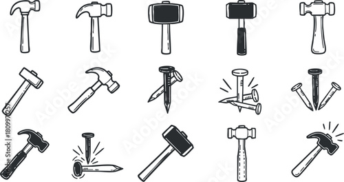 Collection of black and white vector illustrations featuring various types of hammers for construction and DIY projects