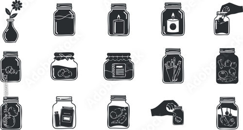 Set of minimalist black and white vector icons featuring various jars with different contents for storage and organization