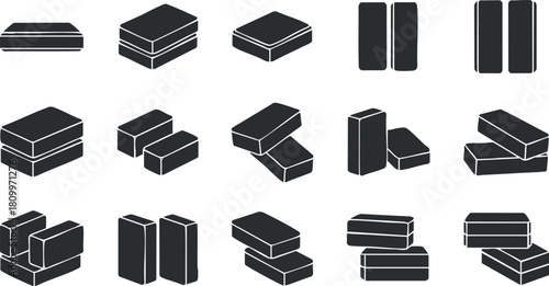 Geometric black and white vector illustration featuring a collection of various blocks and bricks for construction and design projects