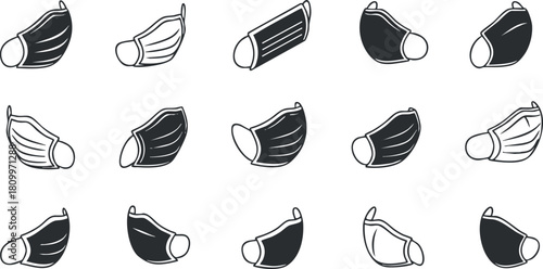 Pattern of various face masks in a minimalist black and white vector style for health and safety design projects