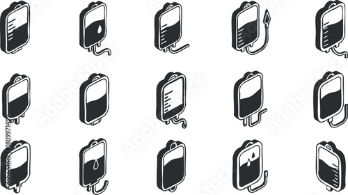 Set of clean vector icons depicting various IV drip bags and infusion symbols for medical and healthcare contexts