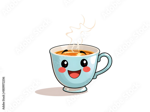 A cartoon cup with a smiling face and steam coming out of it