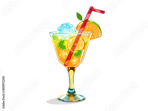 A glass of orange juice with a straw in it