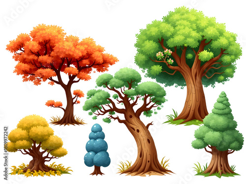 A collection of trees with different colors and sizes