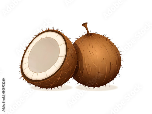 Two coconuts with one of them cut open