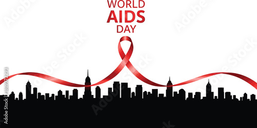 Red awareness ribbon over a city skyline silhouette for World AIDS Day