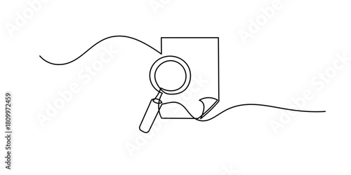 continuous line drawing clipboard with magnifying glass. One continuous line drawing of magnifying glass and document, Business analysis concept.
