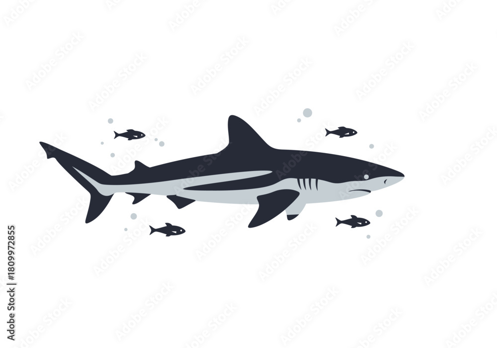 Fototapeta premium A sleek shark swims gracefully surrounded by small fish in clear blue water.