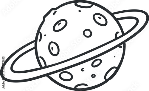 Whimsical outline vector illustration of a planet with rings and craters, ideal for space-themed design projects.